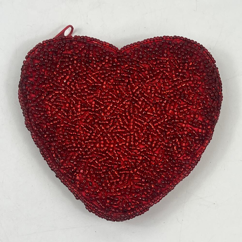 Beaded Red Heart Coin Purse Zip Pouch Handmade Gift Bag Valentine Accessory 4"